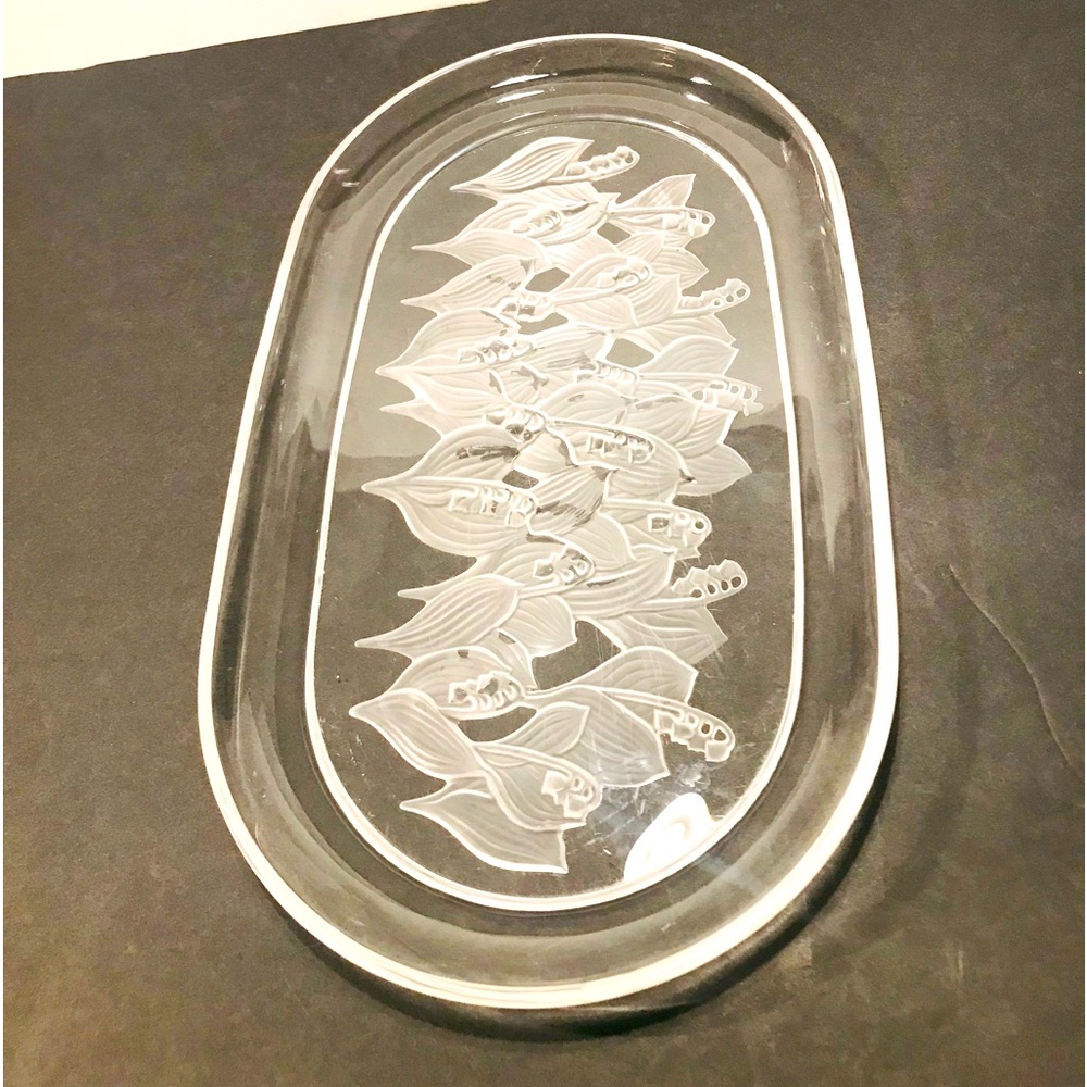 Vintage Sasaki Oval Crystal Plate Lily of Valley Frosted Plate 14”-8”